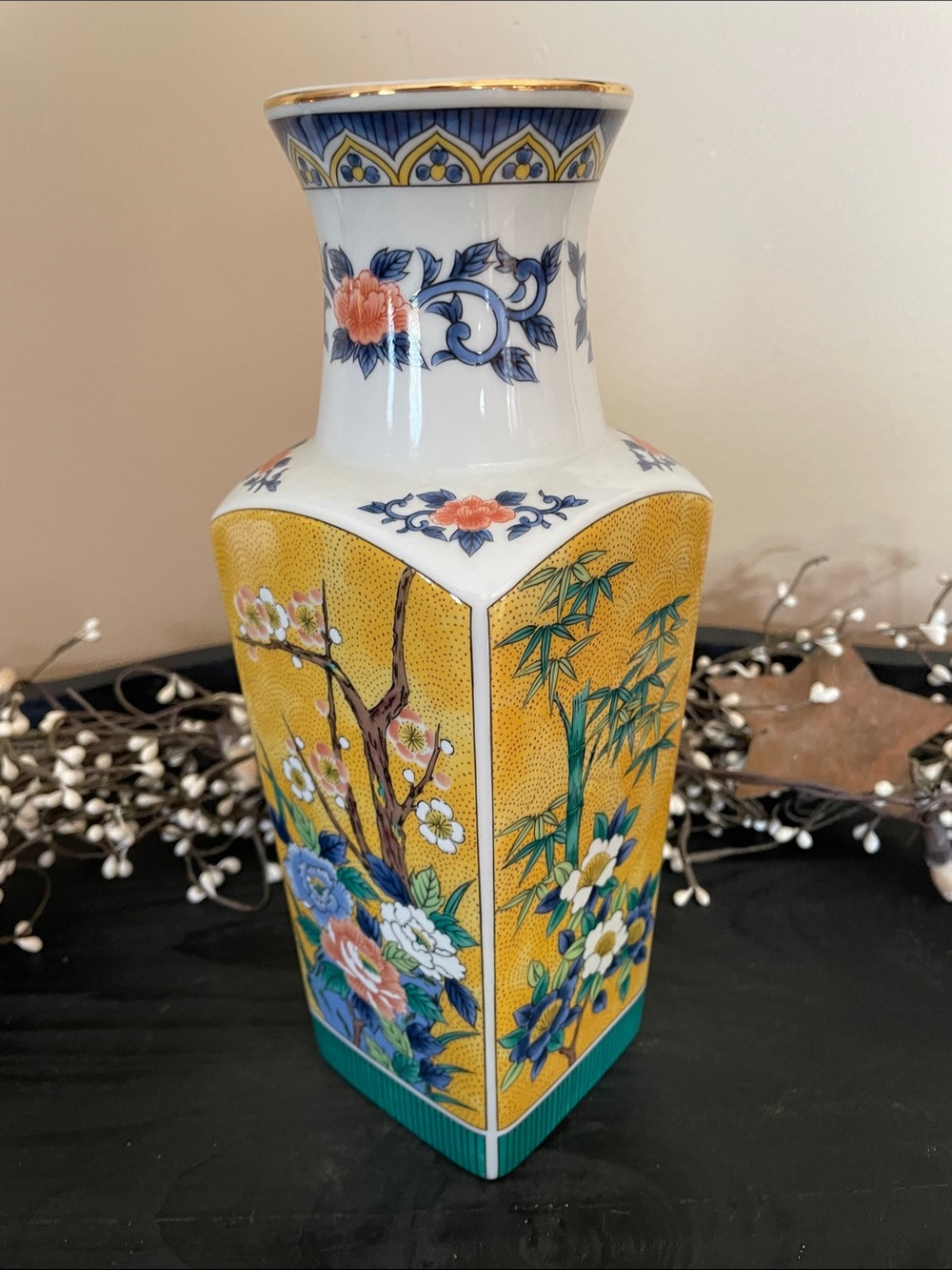 Vintage Hand-Painted Japanese Floral Porcelain Vase from Lazarus - 10”Tall